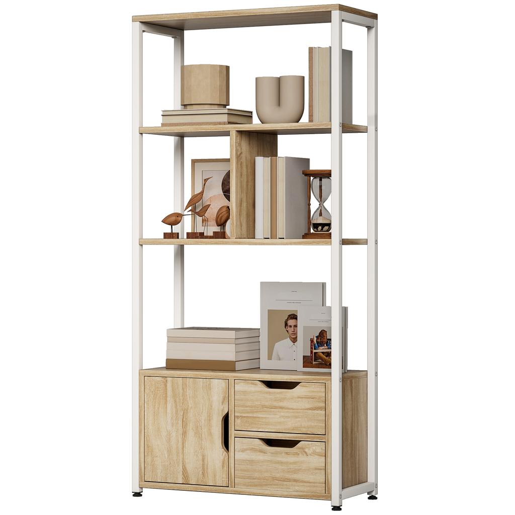 Bookcase Bookshelf with Shelves Drawers and Door 58x24x122 Cm Industrial Style White and Natural Wood
