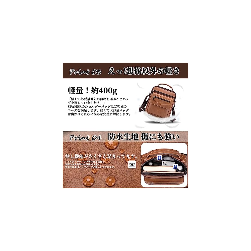 SPAHER Shoulder Bag for Men, Crossbody, Water-Repellent, Lightweight, Small, Genuine Leather,