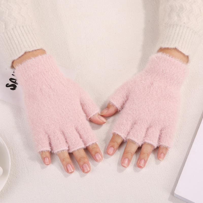 Plush gloves female winter warm student finger exposed flip gloves outdoor gloves thickened cold proof