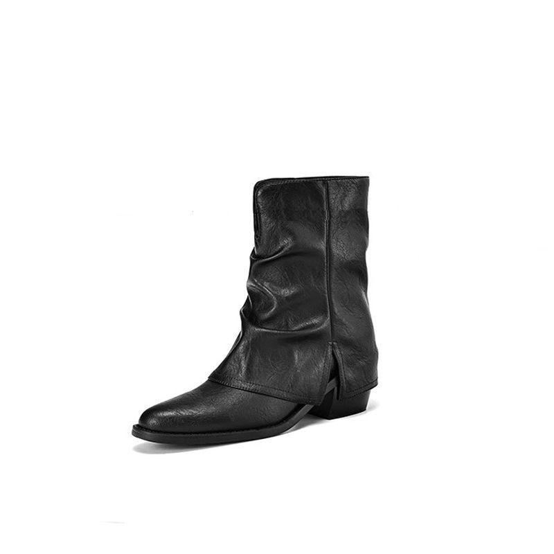 2025 Autumn and Winter New Pointed Western Pile Boots Small High Heel Short Boots Trouser Boots Thick Heel Martin Boots
