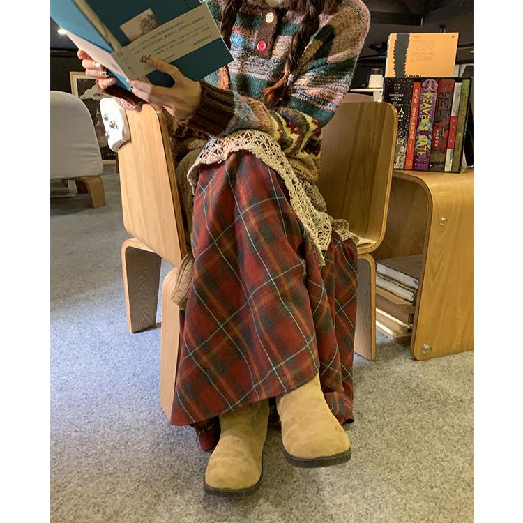 Spring Women New Skirts Plaid Loose Elastic Waist Pleated Elegant Long Skirts
