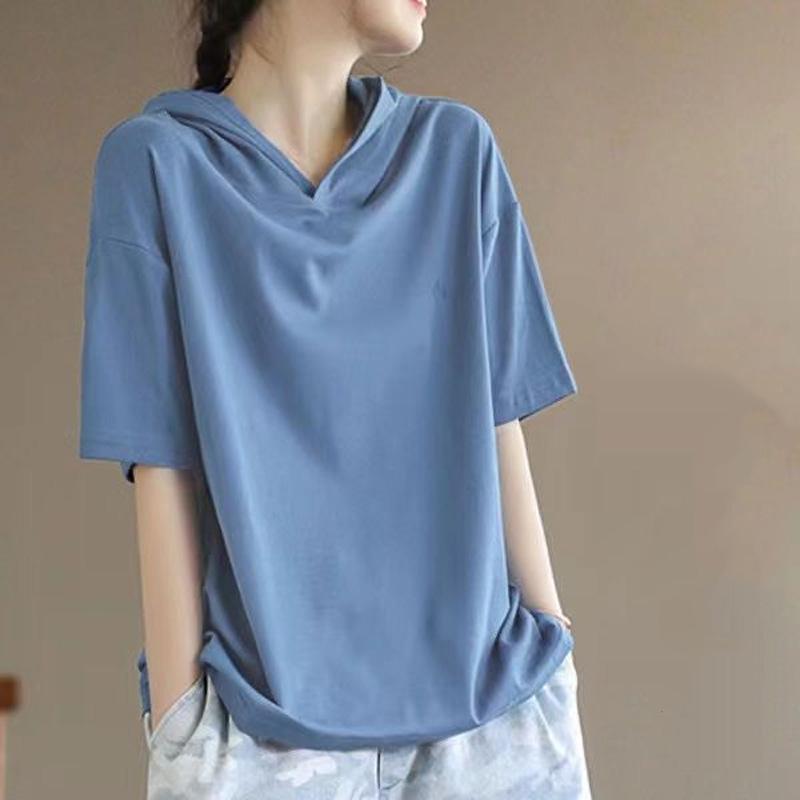 Summer Solid Color Simple Casual Fashion Versatile Loose Oversized Short Sleeved Pullover Hoodie for Women
