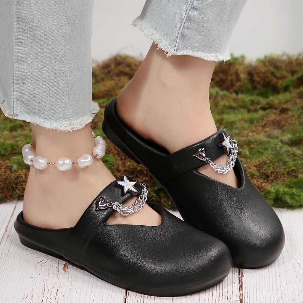 Fashion Metal Chain Black Eva Slippers Summer Beach 2025 Star Decoration Flat Heels Slip On Sandals Soft Eva Cloud Slippers Shoes