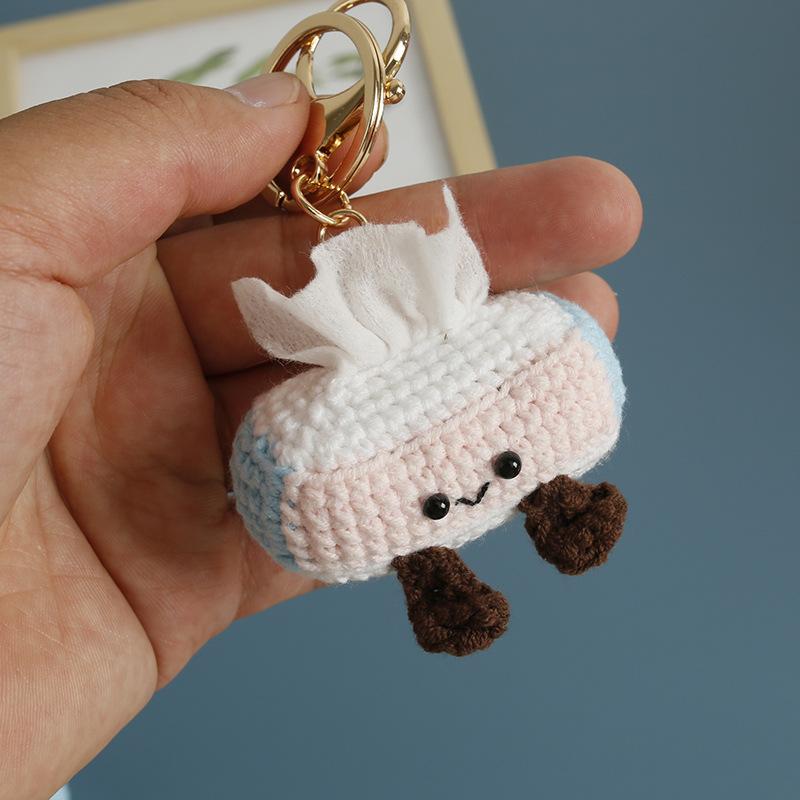 Hand Crocheted Cartoon Doll Tissue Box Cover & Keychain, Cute Knitted Pendant Decor Gift