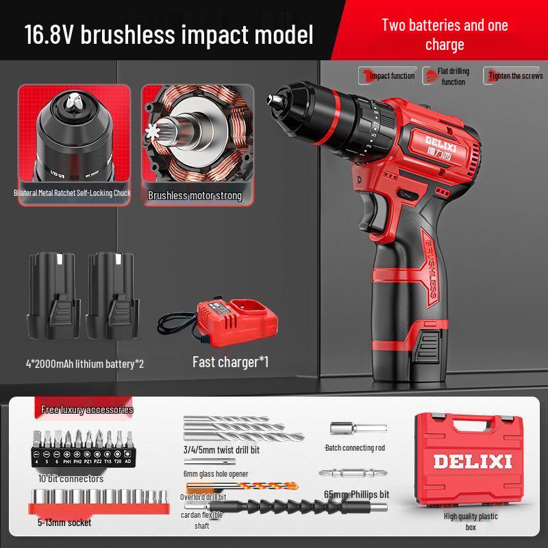 Delixi Cordless Brushless Handheld Drill, Rechargeable Multi-function Hammer Drill with Lithium Battery & Electric Screwdriver