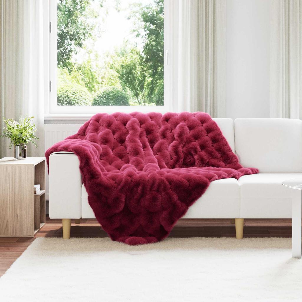Non slip Artificial Rabbit Fur Blanket Olite Burgundy Red