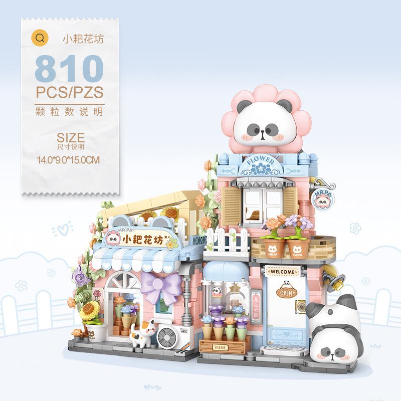 

NEW Panda Restaurant Taiyaki Flower Store Street View Shop Food House Building Blocks Kit Girls Bricks Model Kids Toy Children