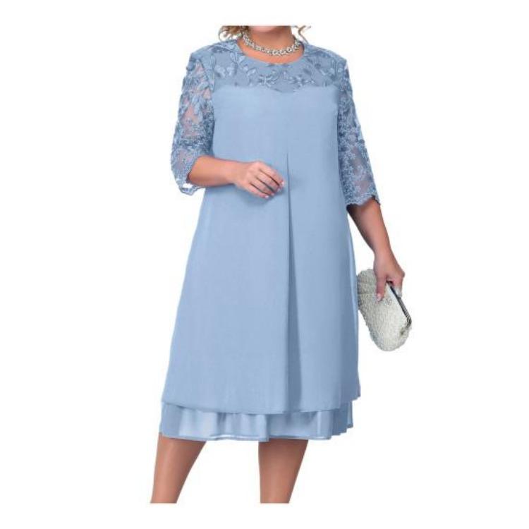 Elegante Abito da Festa da Ballo Taglie Forti Donna Lento Midi Rete Trasparente Patchwork Applicazione Foglia Mezza Manica Girocollo Abito Primavera Autunno