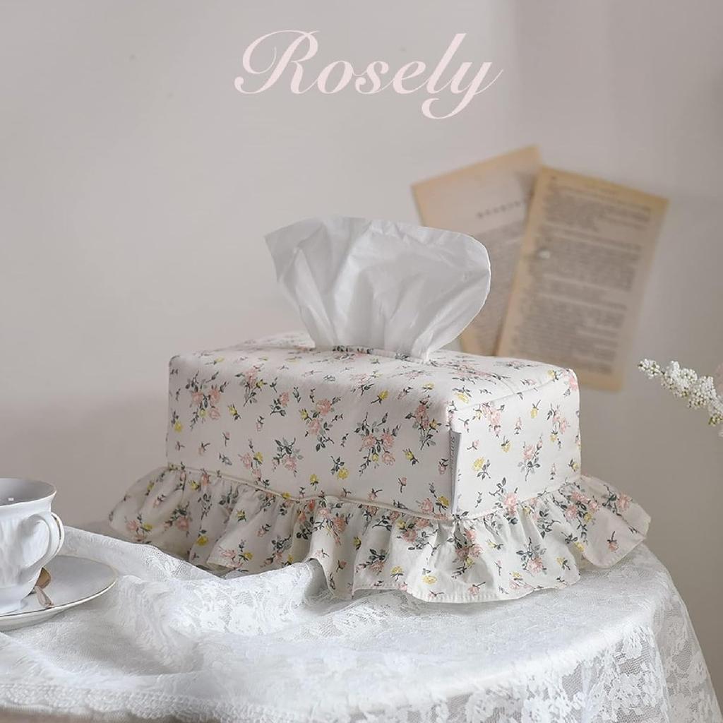 Rose Flower Home Living Rectangle Premium Cotton Tissue Box Cover with Lace, Well-Stitched House Decoration Refill Holder, Facial Paper Dispenser for