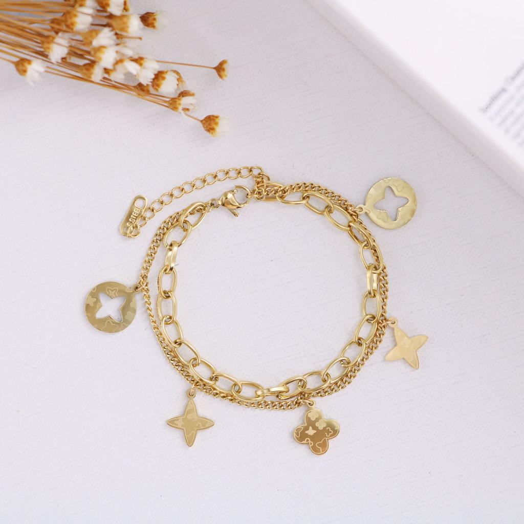 Fashion Four-Leaf Clover Tassel Bracelet Women Do Not Lose Color Day Prismatic Small Flowers Titanium Steel Bracelet Hand Jewelry