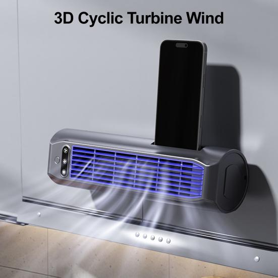 Ventilador de Ar Condicionado Portátil com Suporte para Telefone Embutido, Ventilador Vertical Plano de Parede com 3 Modos, Carregamento USB, Dispositivo de Resfriamento Silencioso Sem Lâminas para