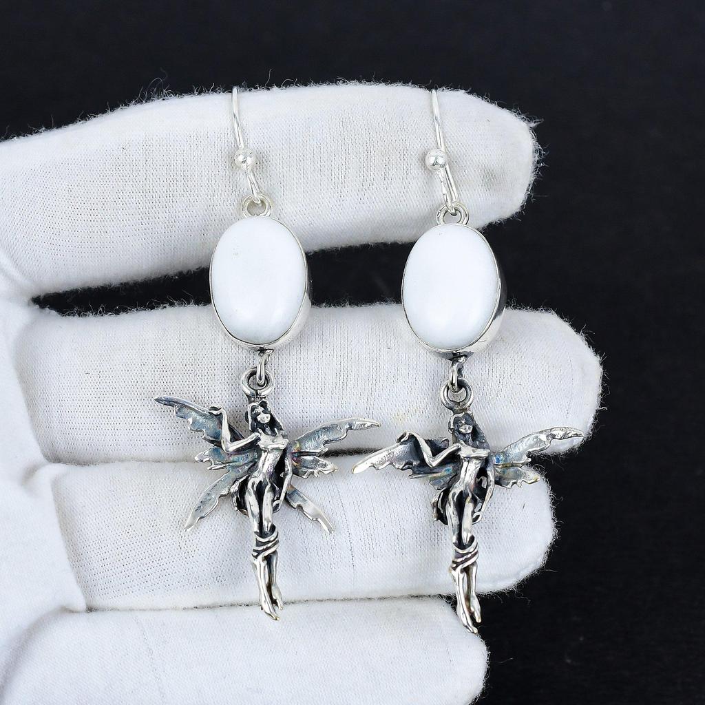 Natural White Coral Gemstone Antique Earrings 925 Sterling Silver Earring, Boho Silver Jewelry Dangle Earrings, Gifts For Birthday Gifts For Her