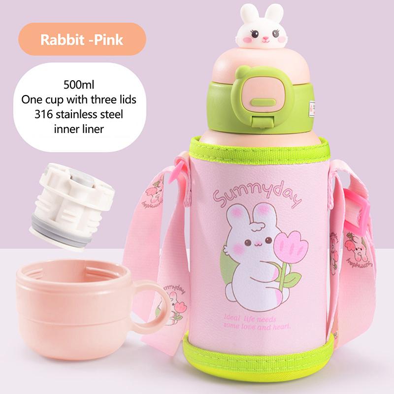 

500 мл Детская кружка-термос 316 Нержавеющая сталь Мультяшная Милая Чашка для воды с набором чашек Двойная крышка розовый