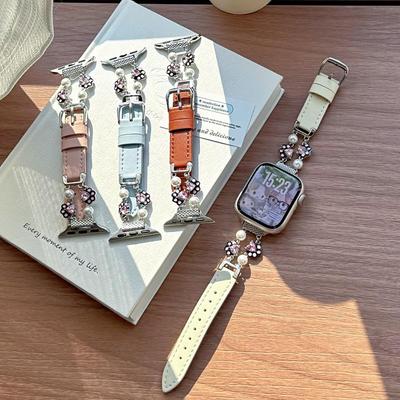 Cat Paw Pearl Leather Strap for Apple Watch Series 11, Xiaomi Band 8/9/10, Huawei Fit.