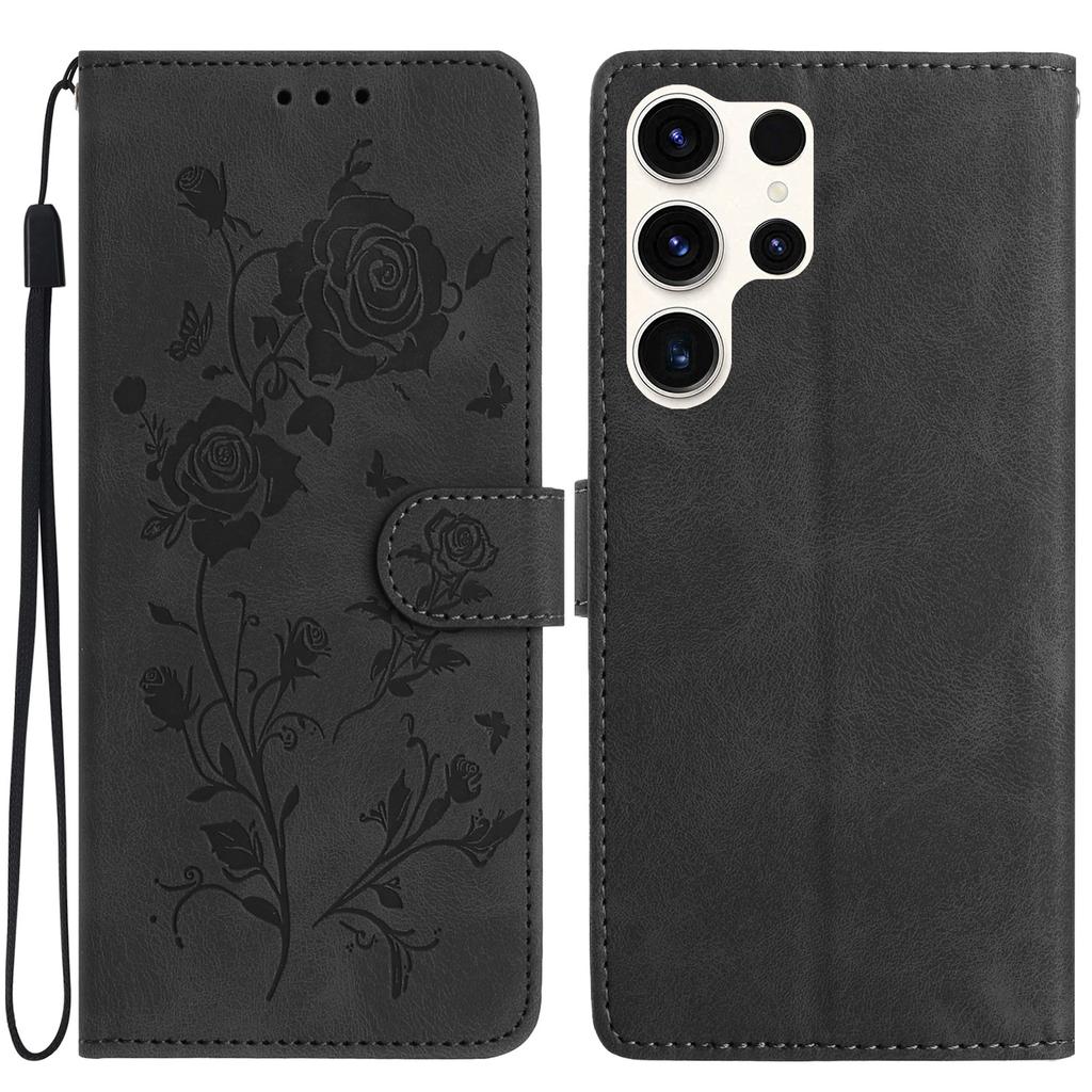 For Samsung Galaxy S24 Ultra Wallet Case Rose Pattern Imprinted Leather Flip Stand Phone Cover
