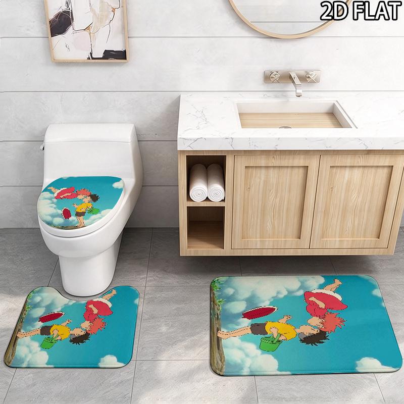 3pcs Ponyo2 Pattern Flannel Nonslip Absorbent Washable Decorative Bathroom Home Toilet Seat Cover Mat