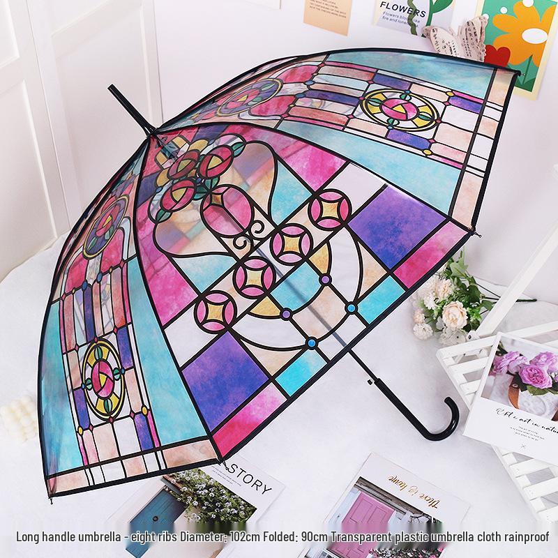 Japanese Forest Style Transparent Cherry Blossom Umbrella with Arched Long Handle for Students