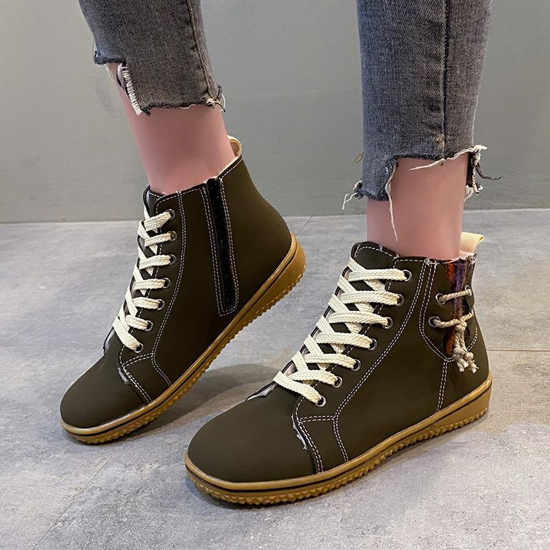 Large size Martin boots women's round head flat bottom autumn and winter lace-up zipper short boots velvet cotton shoes