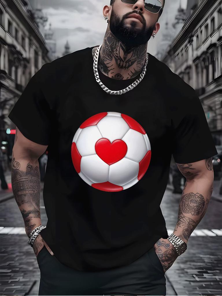 Men Summer Oversized T Shirt Love Heart Football Print Casual Short Sleeve Loose Streetwear Fashion Male Sports Daily Top