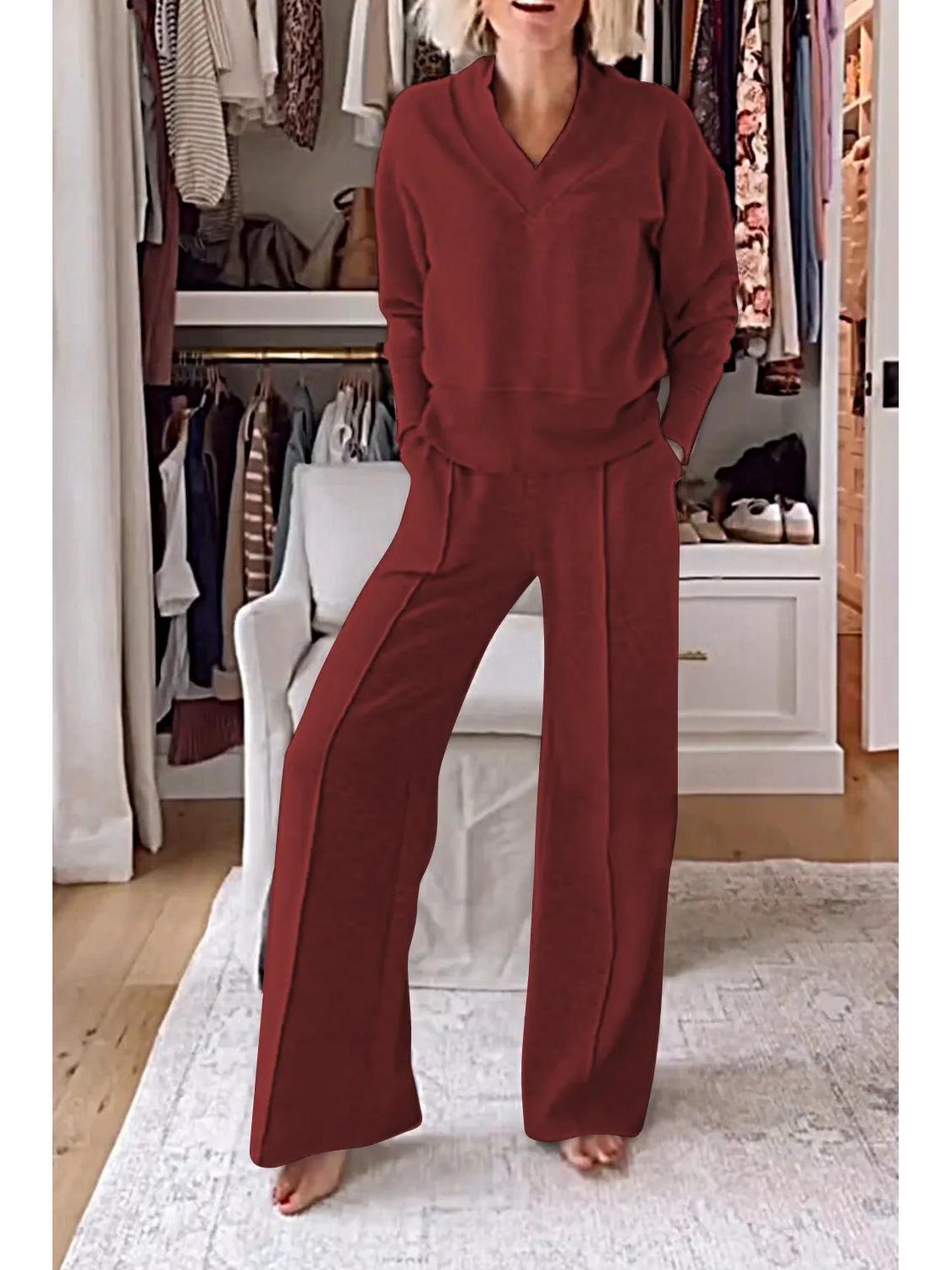 

2024 Autumn V-Neck Loose Top & Wide-Leg Pants Set 2XL
