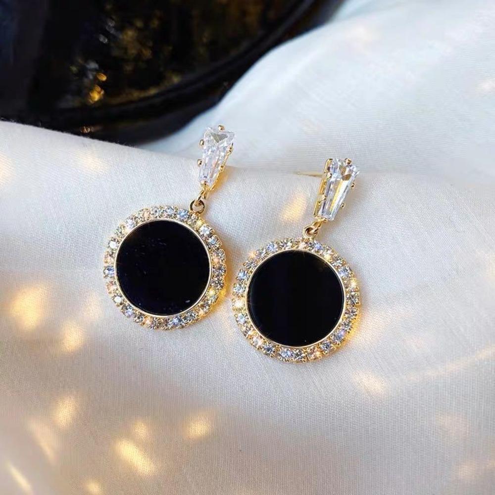 Fashion Personality Sparkly Zircons Trimmed Black Onyx Style Round Dangle Earrings for Women Korean Charm Evening Party Jewelry