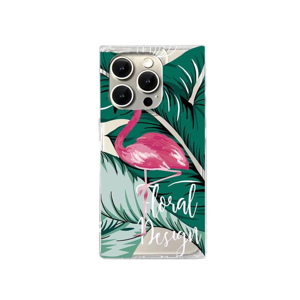 Clear Square Back Tube Case Protection For iPhone 13 15 Plus 16 ProMax 12 14 Pro Max 11 Anti-Oxygen,Red Flower Flamingo Pattern Casing