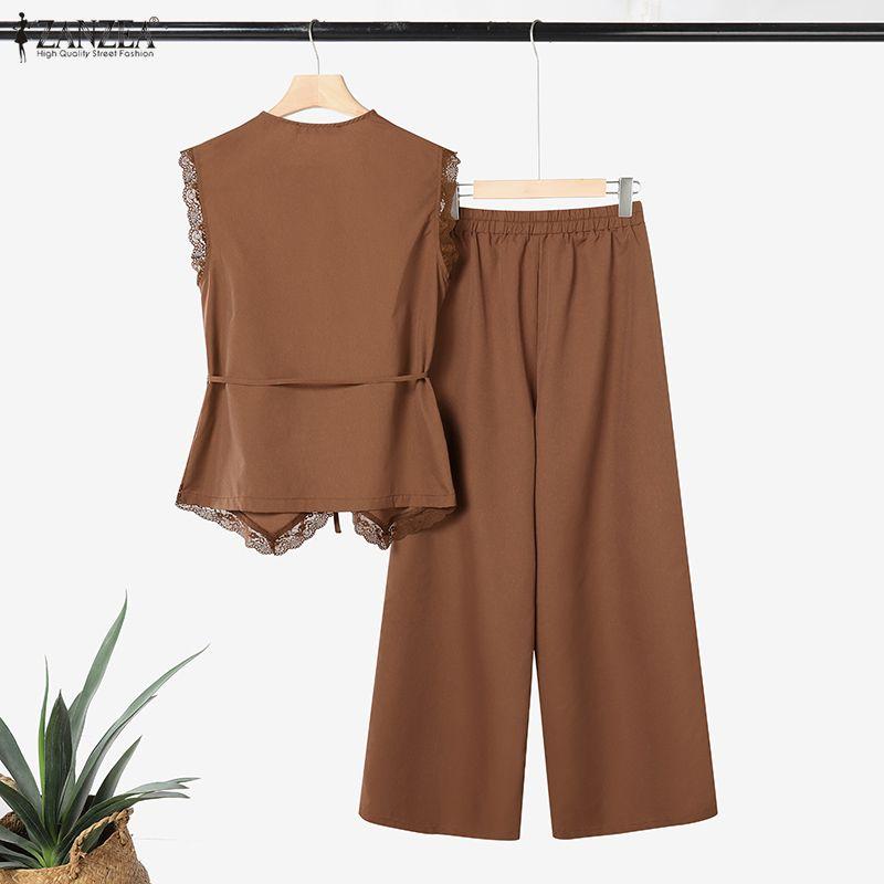 ZANZEA Women Sleeveless Lace Vest Tops and Pants Summer Two Piece Suit Sets
