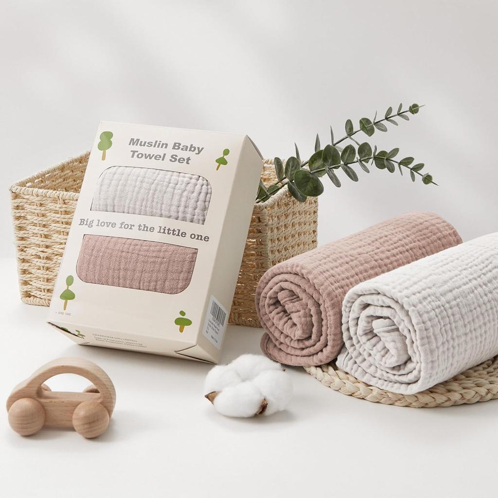 Newborn cotton gauze hooded bath towel (coffee + cream color, 2 packs)