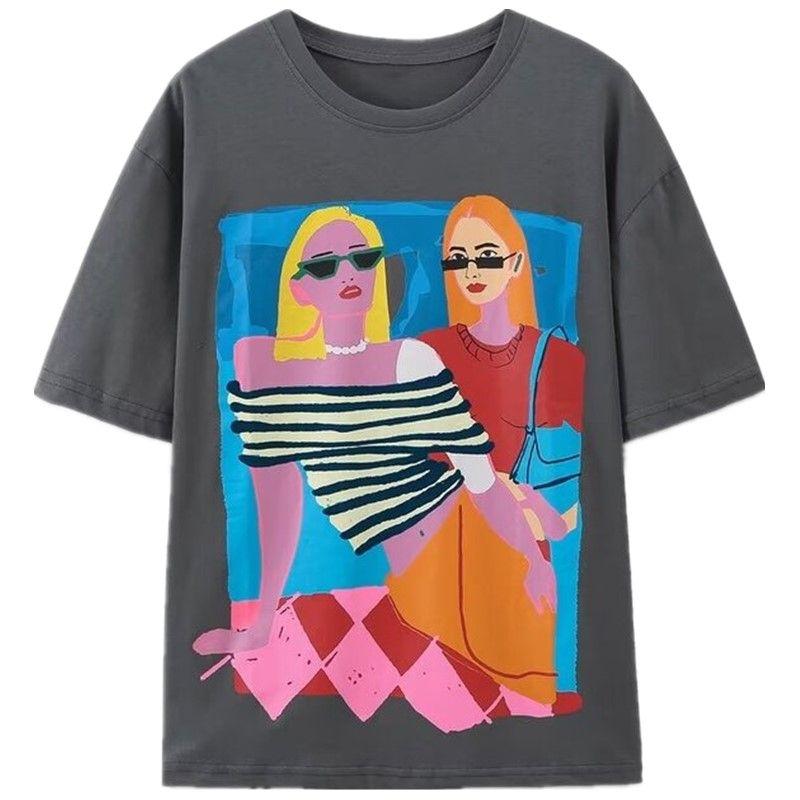 Fashion Style 2024 Summer New Arrival Women's Clothing Casual Easiest for Match Loose Print Washing Effect T-shirt 1131327