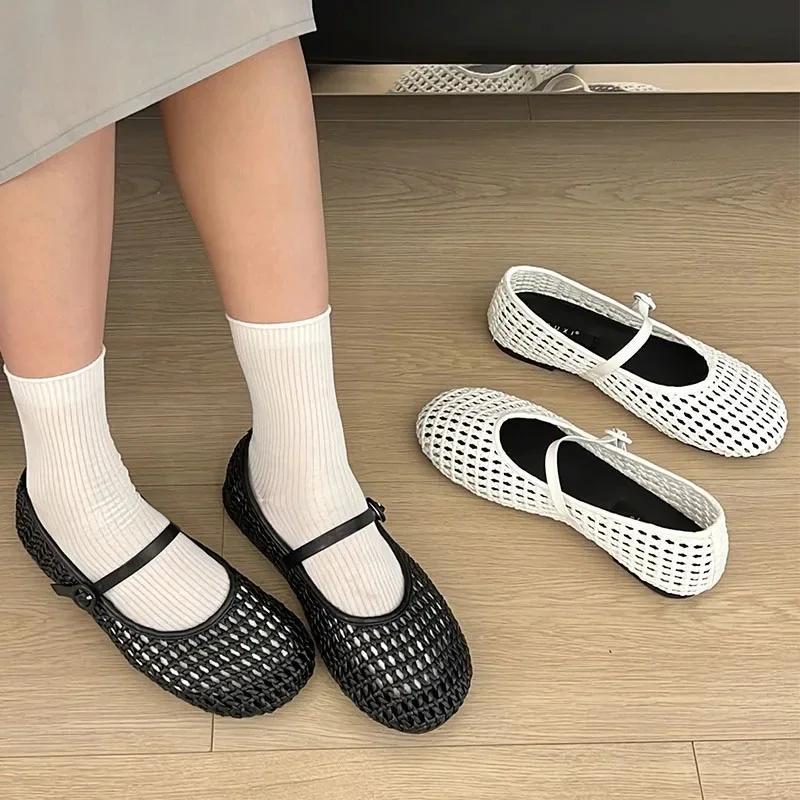 Fashion Concise Mesh Woven Design Ballet Flat Shoes Women Fashion Round Toe Buckle Mary Jane Shoe Summer Comfort Soft Bottom Flat Sandal