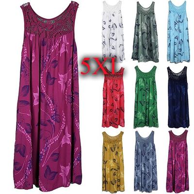 10 Color S-5XL Women's Lace Stitching Printed Sleeveless Swing Dress Casual Dresses