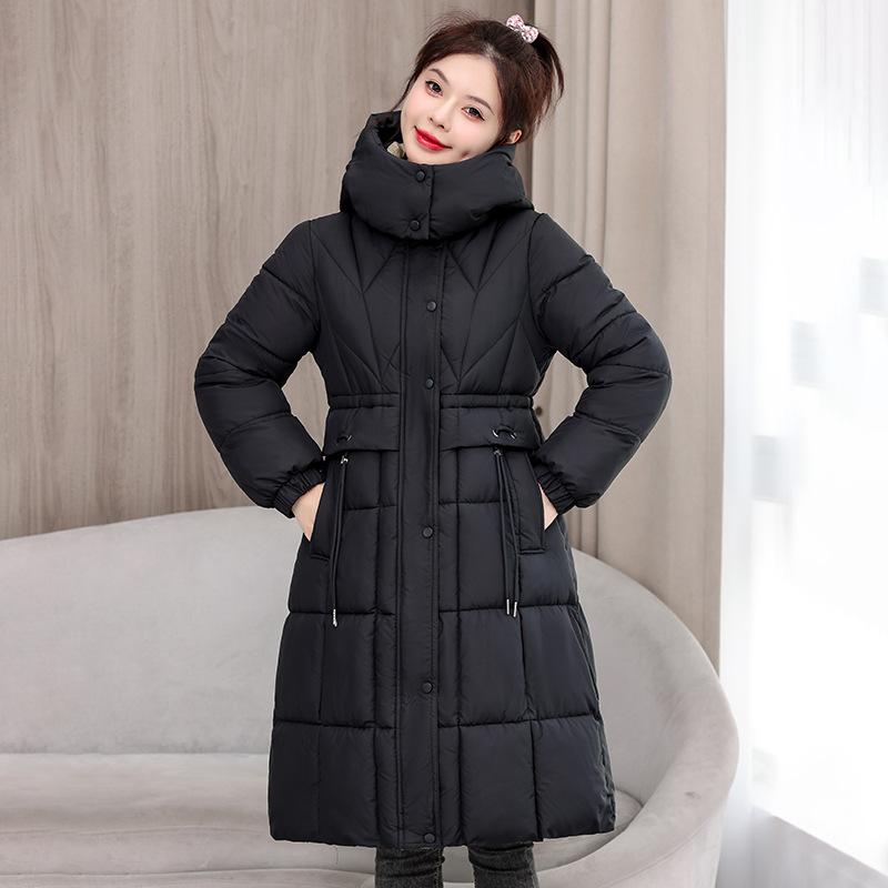 Europe and the United States 2025 winter new waist-cinched mid-length over-the-knee cotton jacket fashionable slimming cotton jacket hooded jacket
