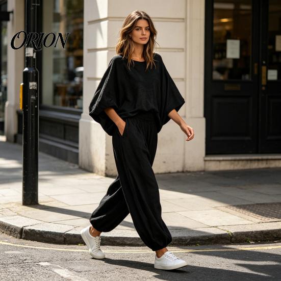 Loose Fit Women Set Women's 2 Piece Sets, Crew Neck Batwing Sleeve Top Two-piece And Lantern Pants Summer Travel Vacation Outfits with Pockets Suit