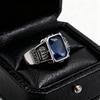 Retro Inlaid Square Blue Zircon Crown Ring Men's Single Ring Handsome Temperament Domineering Open Ring