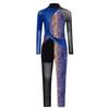 Girls Asymmetrical Dance Jumpsuit Mock Neck Sheer Mesh Long Sleeve Keyhole Back Metallic Snakeskin Bodysuit