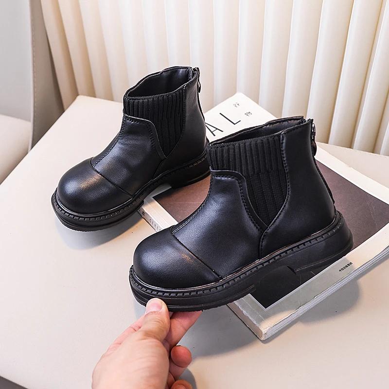 Kids Short Boots Solid Color Versatile Boys Girls Ankle Boots with Back Zipper 2024 New Children Leather Boots British Style