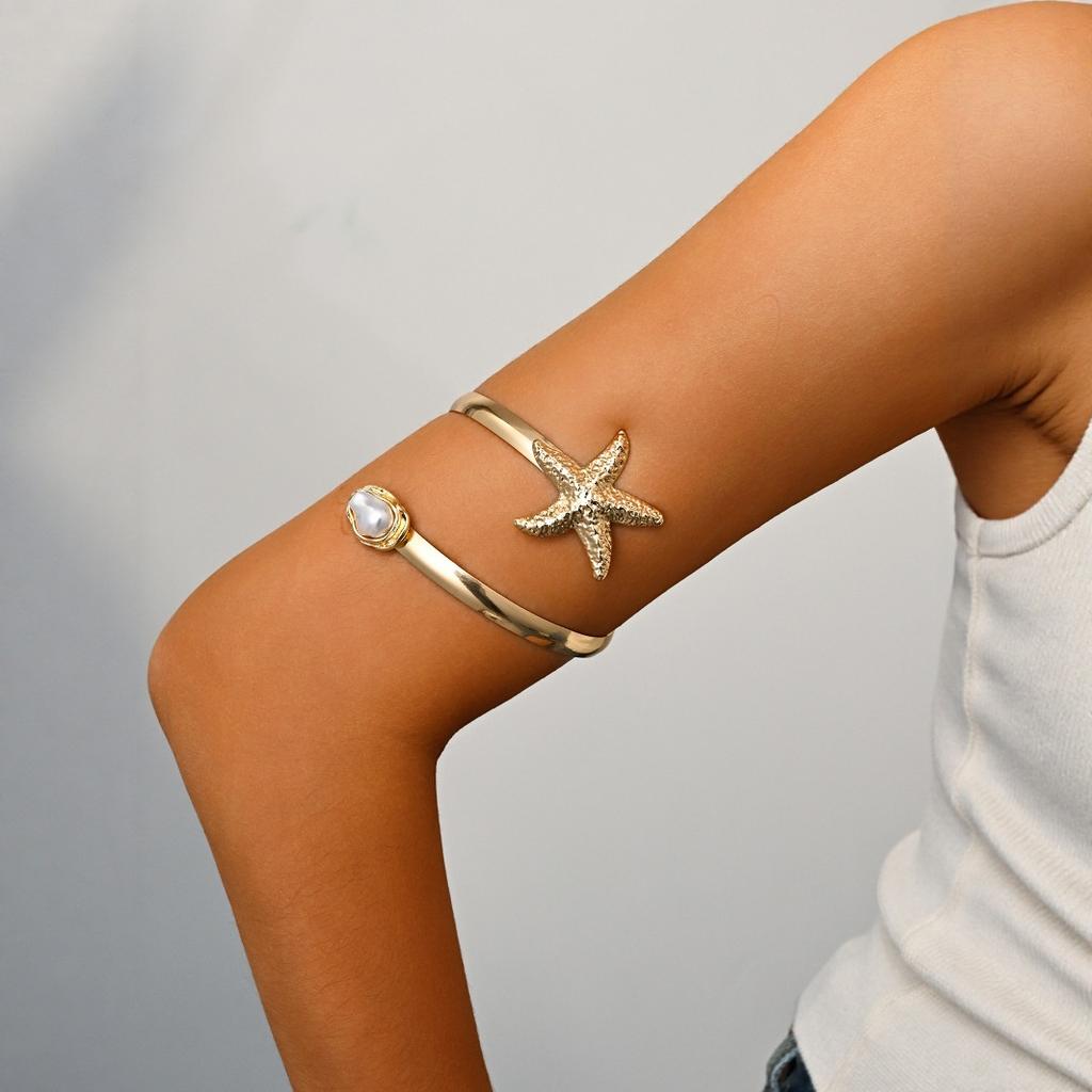 Starfish Pearl Arm Cuff Bracelet, Gold Beach Statement Upper Arm Band for Women