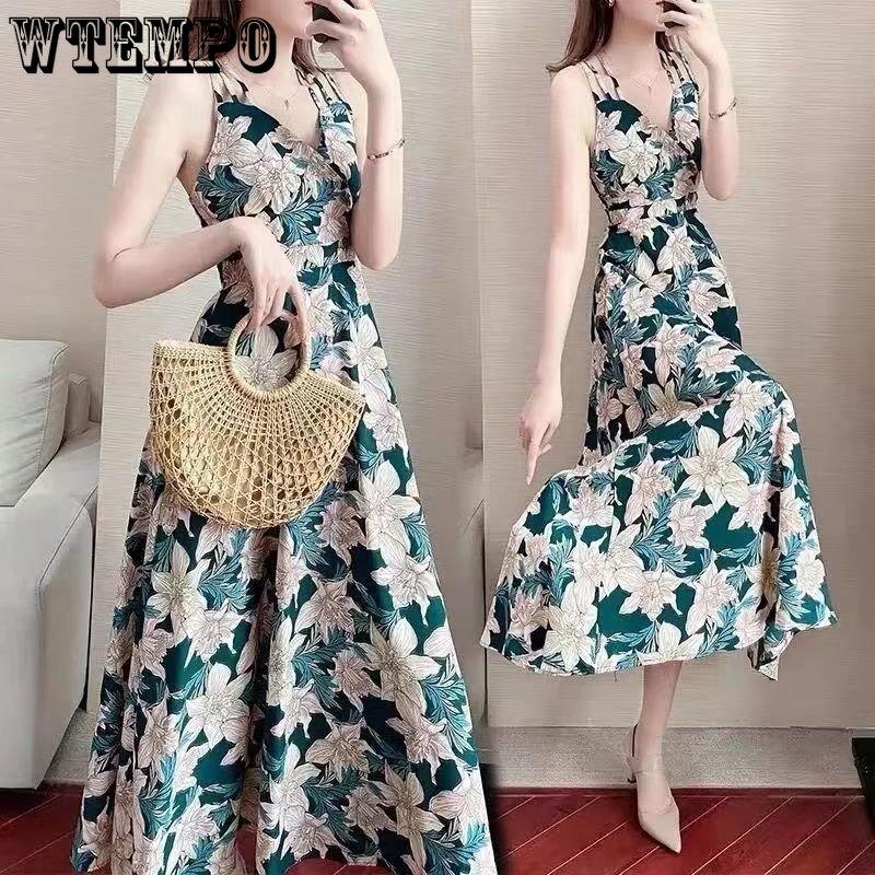 WTEMPO Summer Women's Large Size Dress Slim and Thin Floral Dress Waist-skimming Temperament Beach Dress Loose Print Floral Dress