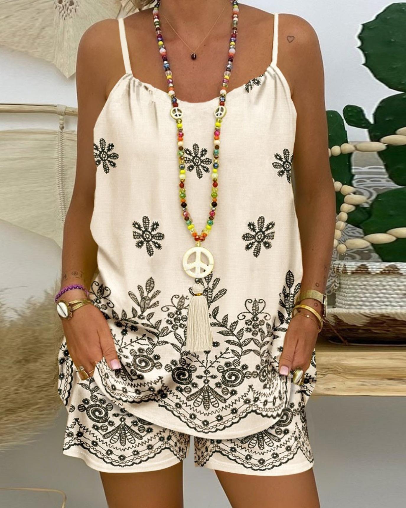 Summer new bohemian suspender set women s print embroidery casual two-piece set shorts fashion vacation wear S абрикосовый