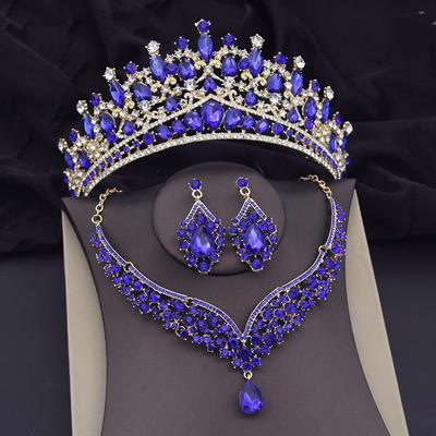 Luxuriöses Brautschmuckset mit blauem Kristall für Frauen, Diademe, Ohrringe, Hochzeitsset, Geburtstagskrone, Brauthalskette, Dubai-Schmuckset