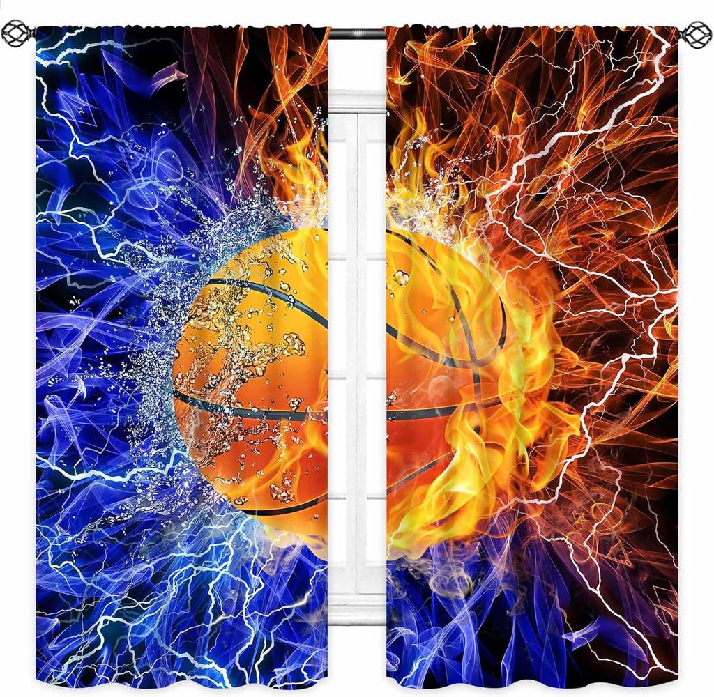 Basketball Curtains Teens Ball Sports Blue Red Flame Match Game Teen Boys Kids Bedroom Living Room Playroom Nursery Curtain For Sitting Polyester
