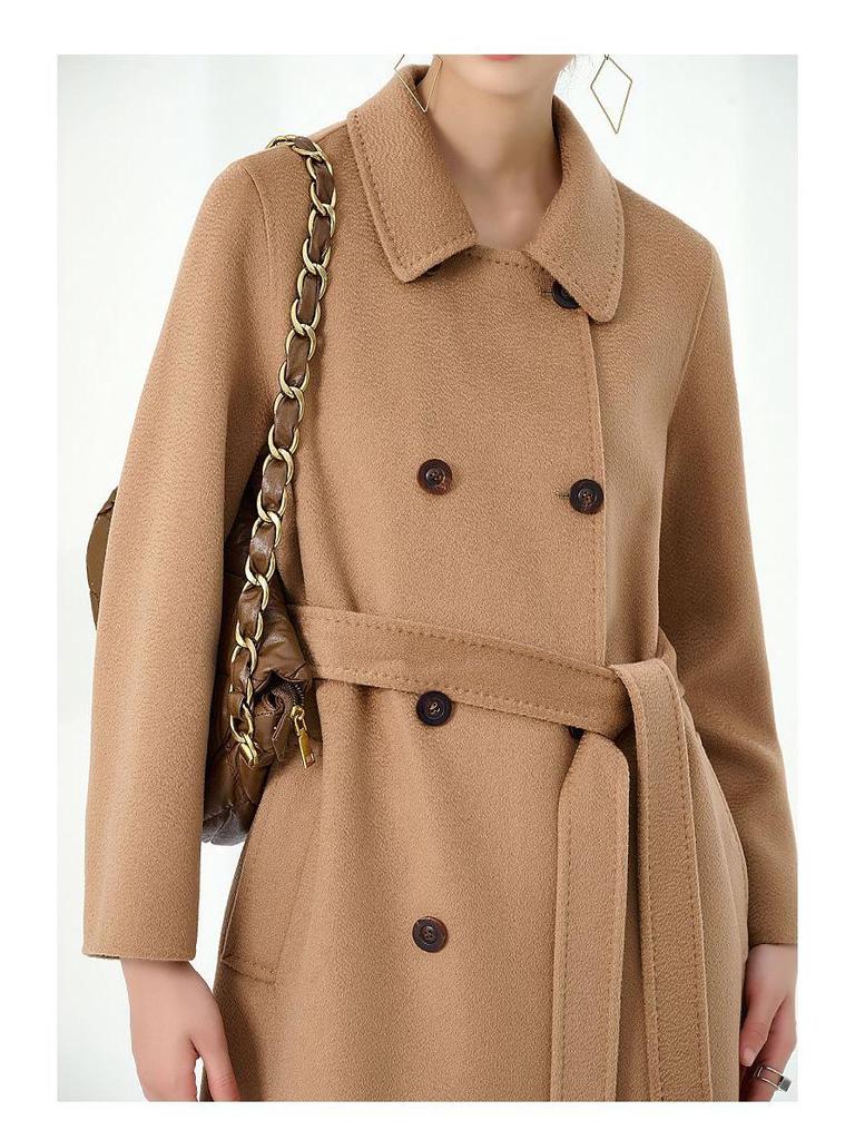 Women's Long Double-Faced 100% Pure Cashmere Ripple Coat with Horn Buttons for Autumn/Winter