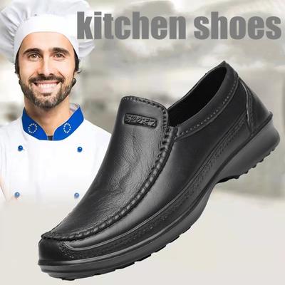 Men Casual Leather Shoes Waterproof Non-slip Chef Shoes Large Size Oil-proof Fashion Loafers Slip-on Kitchen Restaurant Shoes