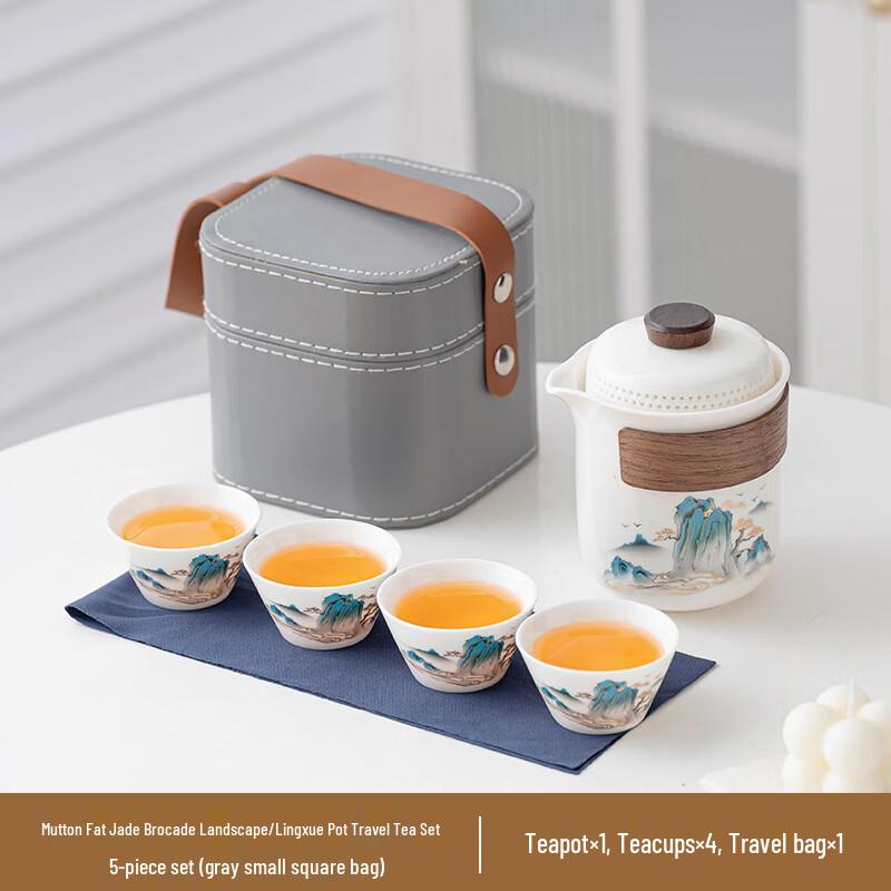 Hayuqi Mutton Fat Jade Porcelain Landscape Travel Tea Set