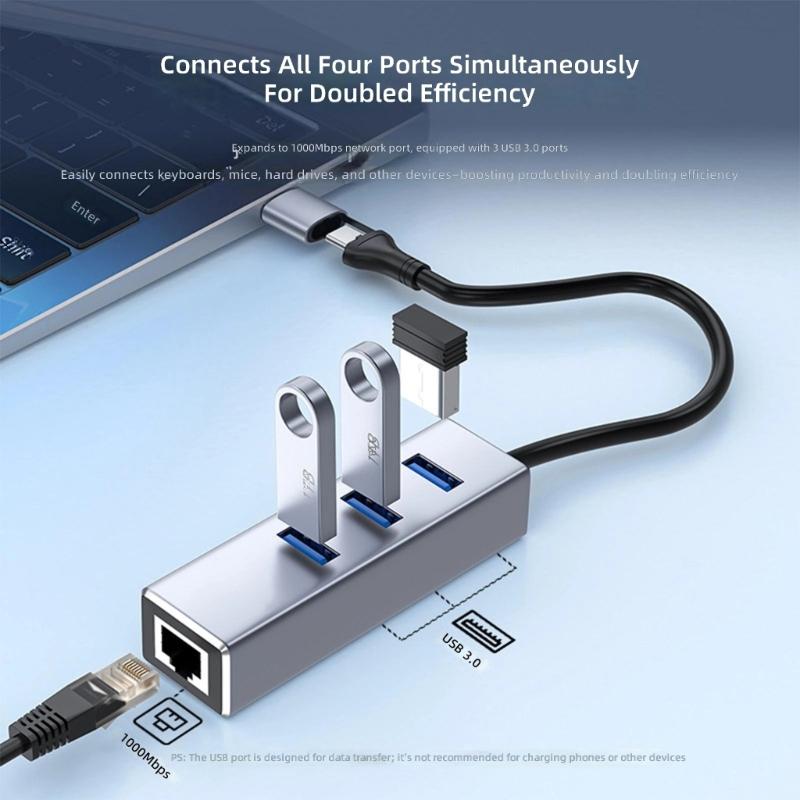Aluminum Alloy USB C to RJ45 Networking Adapter With USB A Port And 3 USB Hubs Fast Speed 1000Mbps Ethernet Connection