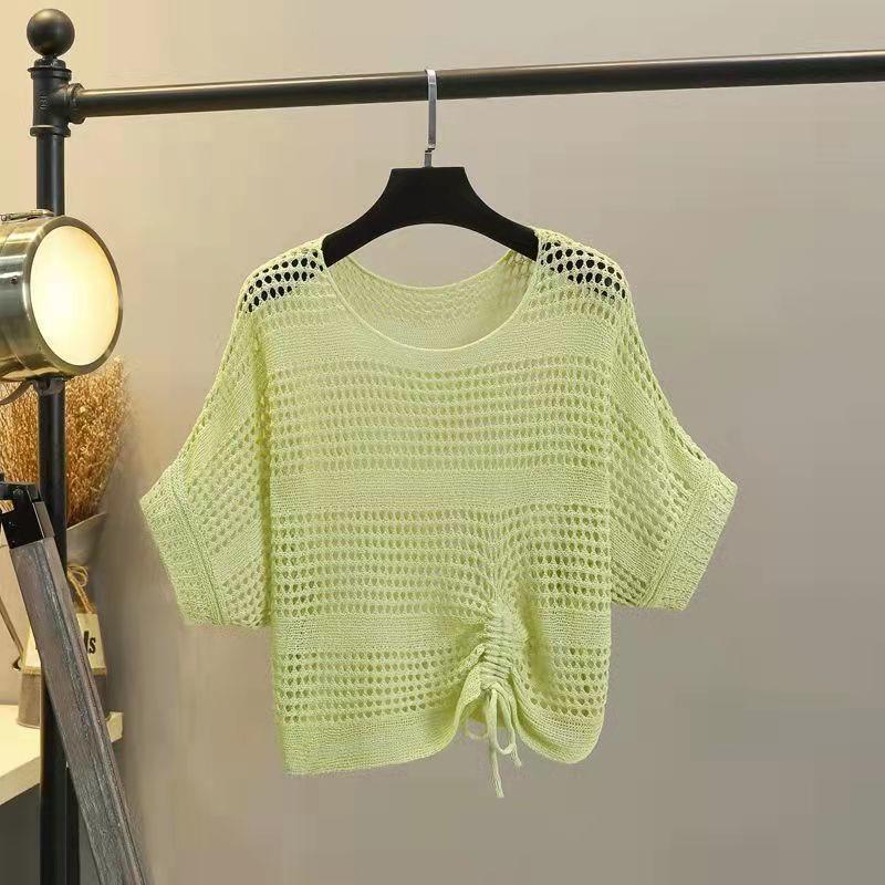 Hollow top knitted sweater women's summer bat-sleeved blouse loose short drawstring mesh shirt with suspenders