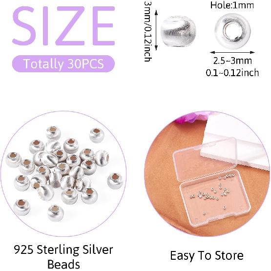 3mm Sterling Silver Beads for Jewelry Making 30Pcs Seamless Silver Round Spacer Beads Tiny Smooth Silver Loose Bead for Stackable Bracelet Necklace