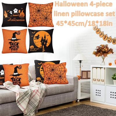 17.7*17.7in Halloween Pillow Set Ghost Cushaw Head Series Linen Material Halloween Pillow Cover (Without Pillow Core)