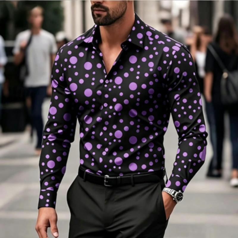 Men's Shirt with Polka Dot Print Long Sleeved Shirt, Outdoor Casual Style, Slim Fit Collar Shirt, Men's Casual Formal Top