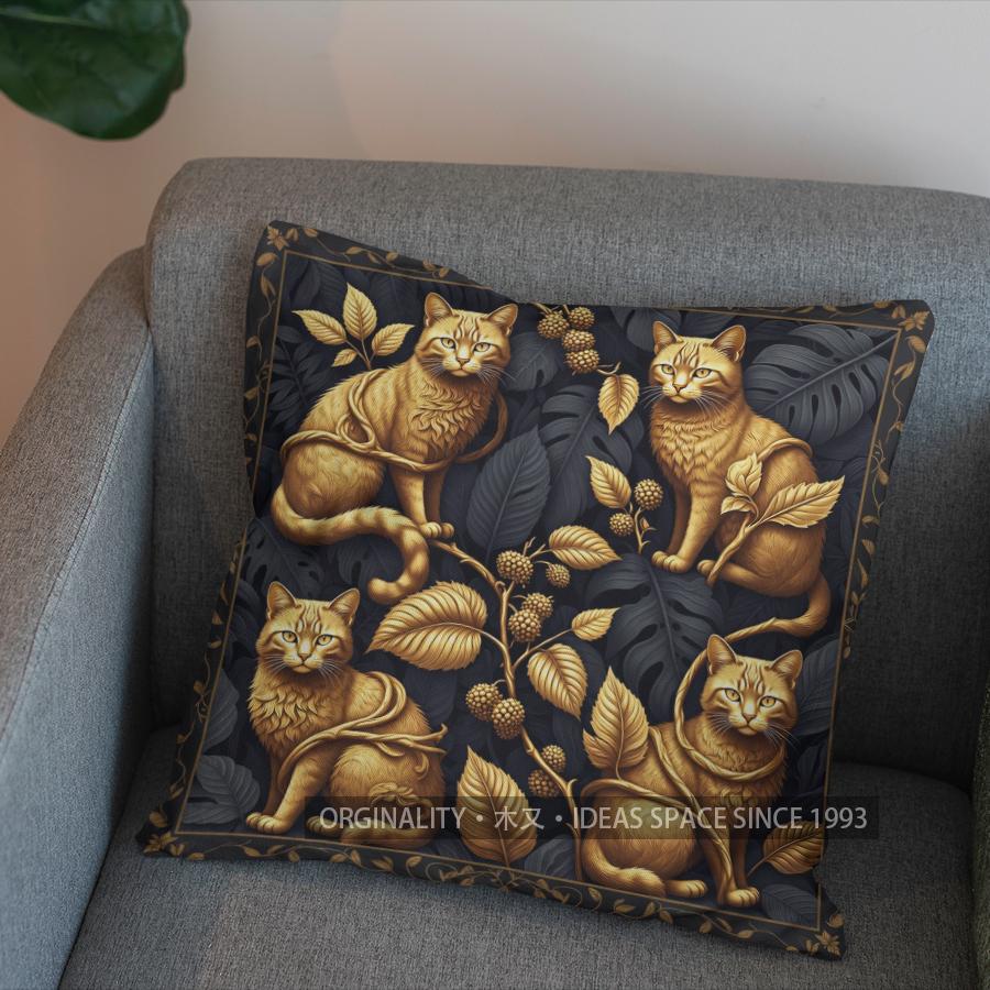 2D Cute Golden Cats With Leaves Pillow Cover Pattern Cushion Cover Suitable For Sofa Bedroom Car Pillow Cover